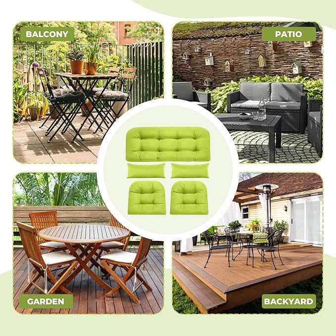 Wicker Chair Cushions of 5 Pieces, Waterproof Outdoor Loveseat Cushion for Wicker Furniture, 1 Love Seat Cushion, 2 U-Shape and 2 Lumbar Pillows for Patio Furniture (Light Green)