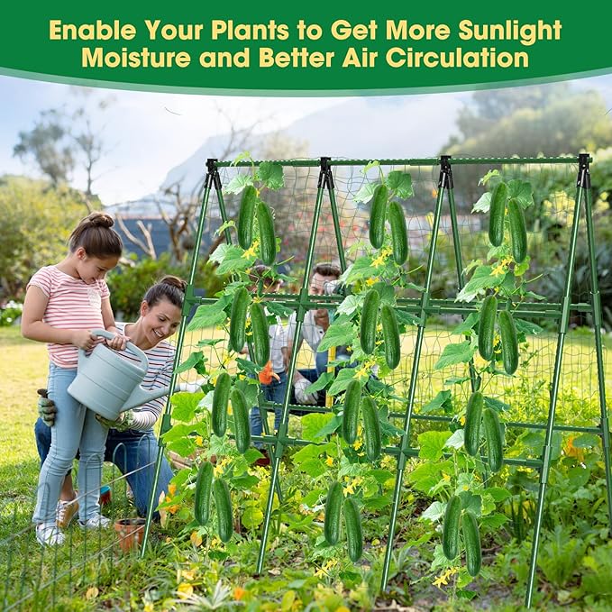 51x53 Inch Cucumber Trellis for Raised Bed,Foldable A-Frame Garden Trellis for Climbing Plants Outdoor with Climbing Net,Plastic-Coated Steel Core,for Cucumber Beans and Vine Type Plants 