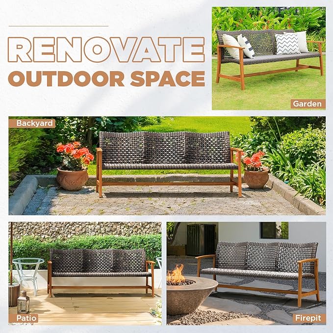Idzo Trinite 1000lbs Capacity Acacia Outdoor Sofa, FSC Certified 3 Seater Patio Couch with Upgraded 2000Hours UV Resistant Wicker, Teak Finish Furniture Set
