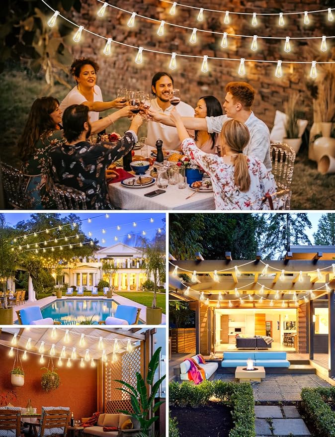 Brightever 100FT Outdoor String Lights with Remote, Dimmable LED Patio Lights with 32 ST38 Shatterproof Vintage Bulbs, 2700K Warm White 3 Modes 2 Timer Outside Light for Yard, Deck, Cafe, White