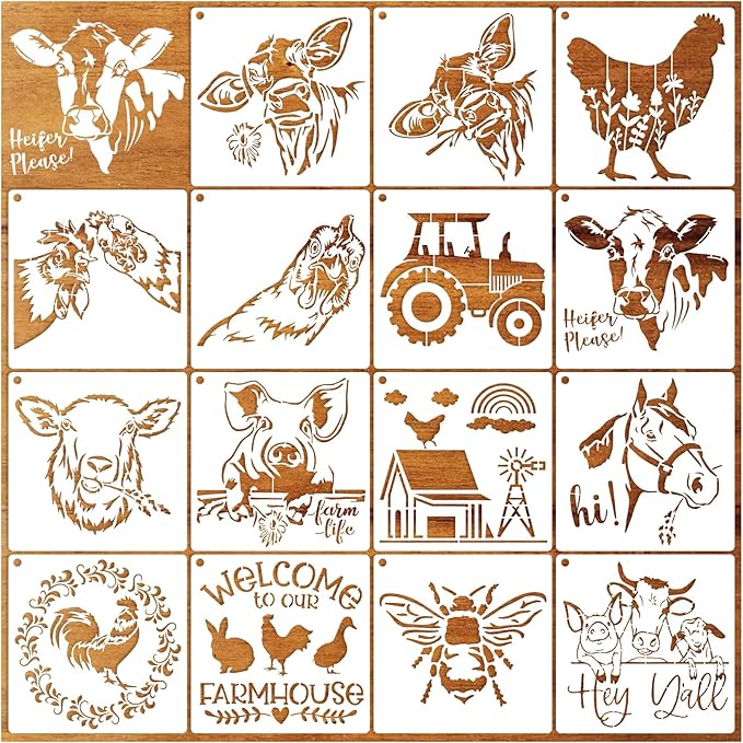 15 Piece Farmhouse Stencils - Reusable Farm Animal Stencils Template for Painting on Wood, Furniture, Fabric, Wall & DIY Crafts (Chicken, Cow, Pig, Horse)