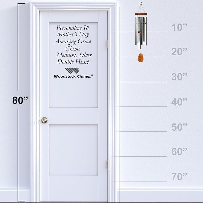 Woodstock Wind Chimes Personalized Amazing Grace Memorial Chime for Outside 24'' Medium Silver Customized Double Heart Wind Chime for Outdoor Patio Home Garden Décor & Wedding Gift (P-AGMS15)