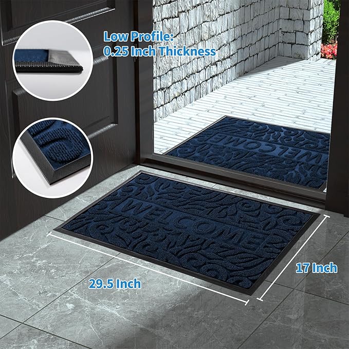 Yimobra Welcome Mat Outdoor 29.5x17, Waterproof Non-Slip Outdoor Mats for Front Door Outside Entrance, Low-Profile Entryway Mat Indoor for Garage Patio, Blue