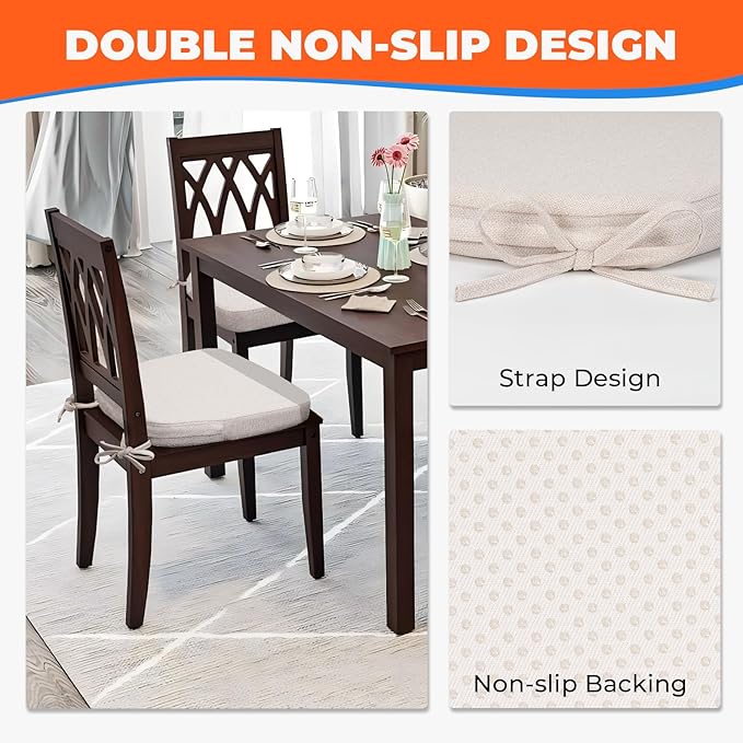 Chair Cushions for Dining Chairs, D-Shaped Seat Cushions with Removable Washable Cover and Ties, Chair Pads for Kitchen, Indoor Dining Room, Patio Chairs, 17'' x 16'', Set of 4, Beige