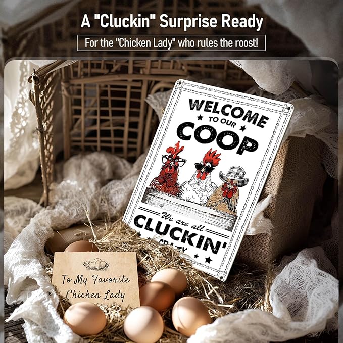Funny Chicken Coop Metal Signs Farmhouse Decor Welcome Sign for Outdoor Chicken Coops Vintage Farm House Garden Barn Rooster Decorations 8x12 Inch