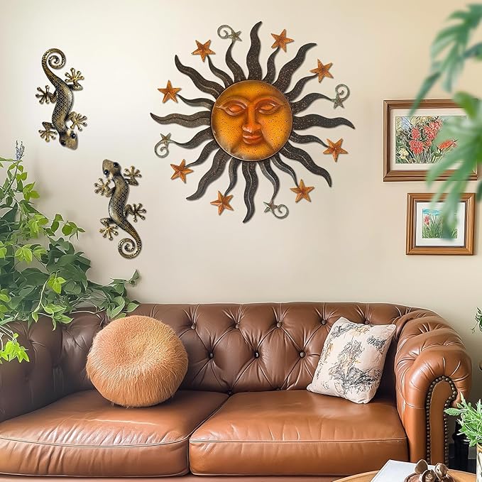 LIFFY 24" Sun Face Metal Wall Art for Outdoor Decor - Solar Themed Hanging Sculpture, Weather-Resistant Garden Patio Wall Décor, Farmhouse Home Accent Gift (Antique Bronze Finish)
