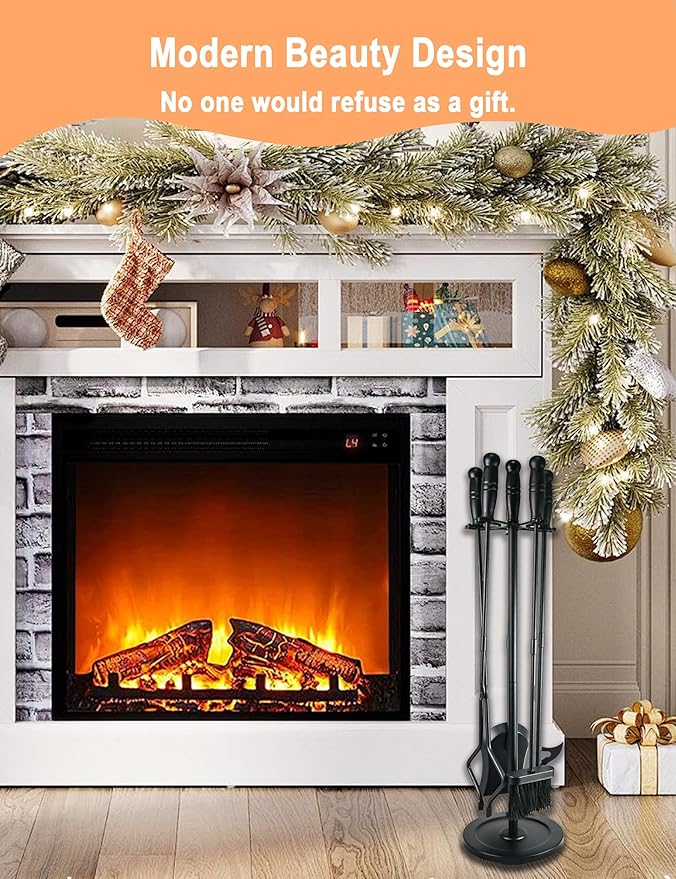 Tomersun Fireplace Tools 5 Pcs 31.5In Fireplace Tool Set Indoor Fireside Accessories Large Fire Place Tools Set Outdoor Fireplace Kit with Poker Shovel Tongs Brush, Stand