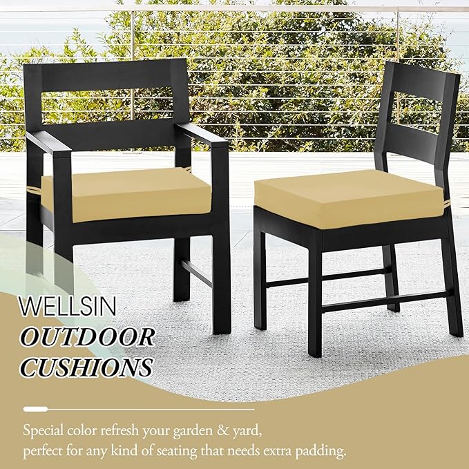 Wellsin Outdoor Chair Cushions for Patio Furniture, 3-Year Color Fastness Patio Chair Cushions Set of 4, Water Resistant Square Corner Outdoor Seat Cushions 18.5"X16"X3", Khaki