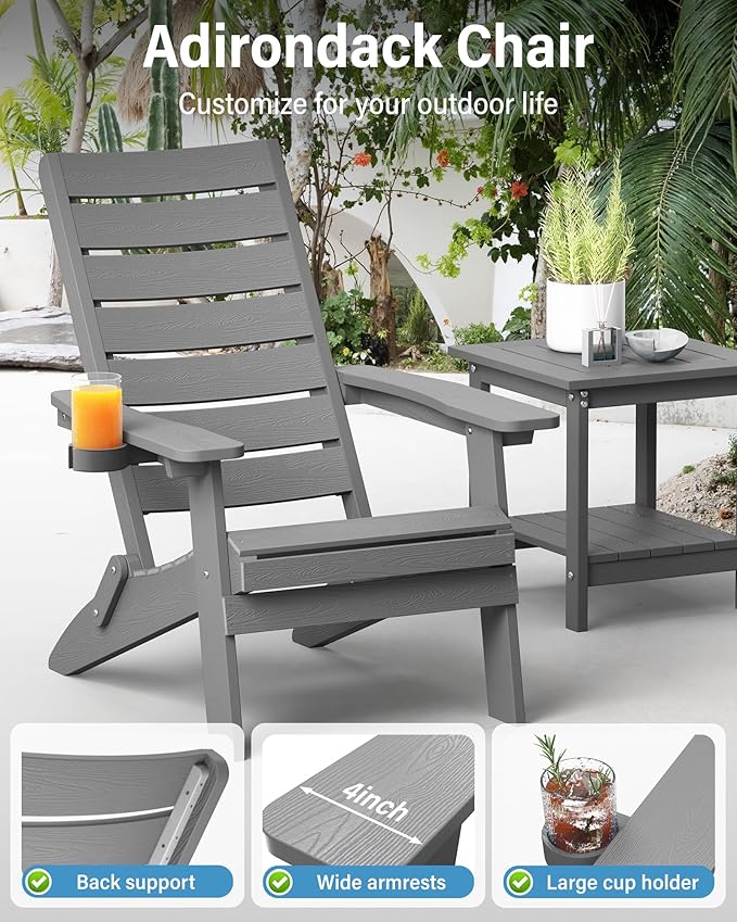 YEFU Adirondack Chair, Folding Adirondack Chairs Set of 2 with Arc Back & Cup Holder, Weather Resistant Plastic Oversized Chair for Outdoor Patio Lawn Garden Backyard Deck Fire Pit, Grey