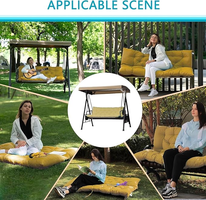 Porch Swing Cushions,Outdoor Cushions 3 Seater Replacement with Backrest, Waterproof Thickened Bench Cushion with Ties for Porch, Patio,Outdoor, Backyard and Garden (Beige Yellow 60 * 40 in)