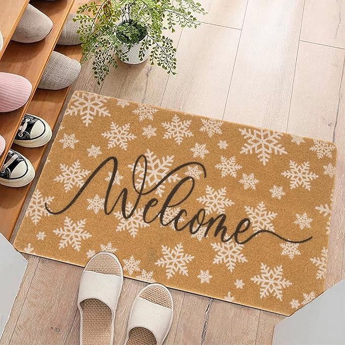 Winter-Welcome-Doormat Outdoor-Entrance Cute Snowflake Door Mat Non Slip Christmas Holiday Coir Doormat 17 X 29 Inch