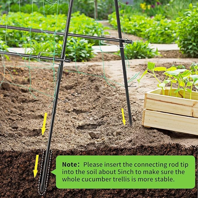 Lalahoni Cucumber Trellis, 4ft x 4ft Metal A-Frame Garden Trellis Climbing Plant Outdoor Support Fruit Grape Vine Vegetable Tomato Pea Bean Cucumber Trellis Raised Bed, with Netting, Black