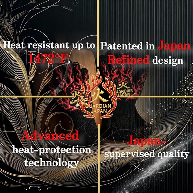 Premium Heat Resistant BBQ Gloves โ Fireproof 1472ยฐF Aramid Grill Mitts for Barbecue, Smoker, Campfire, Fire Pit, Oven, Japanese Supervised Design (็-HONO-Red, M)