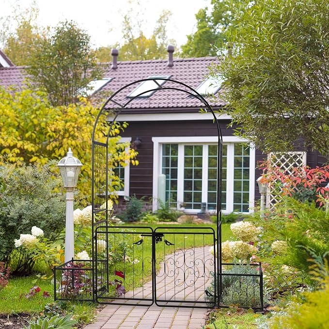 VINGLI Garden Arbor Arch with Gate and Planter Box, Wedding Arch Archway for Ceremony Party, Trellis for Plant Climbing, Christmas Decorations Pergola for Backyard, Lawn, Patio, Yard