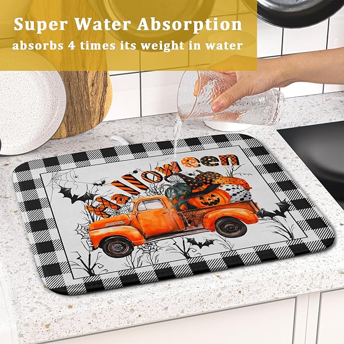Holiday Truck Dish Drying Mat - Orange Holiday Absorbent Microfiber Dish Drying Pad for Kitchen Counter