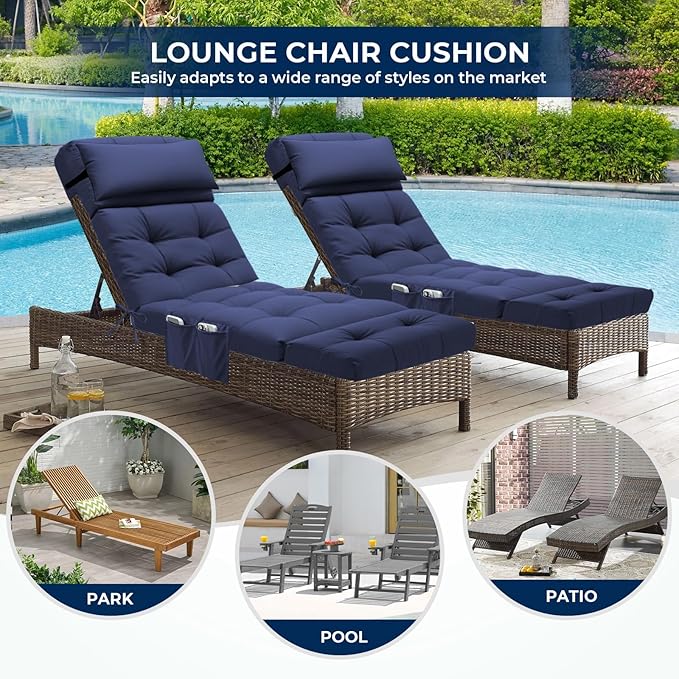 Waterproof Outdoor Chaise Lounge Chair Cushion 74.4 x 22 x 4.7 Inches Lounge Chair Cushions Thickened for Outdoor Furniture with Headrest and Pocket, Replacement Pool Lounge Cushions, Blue