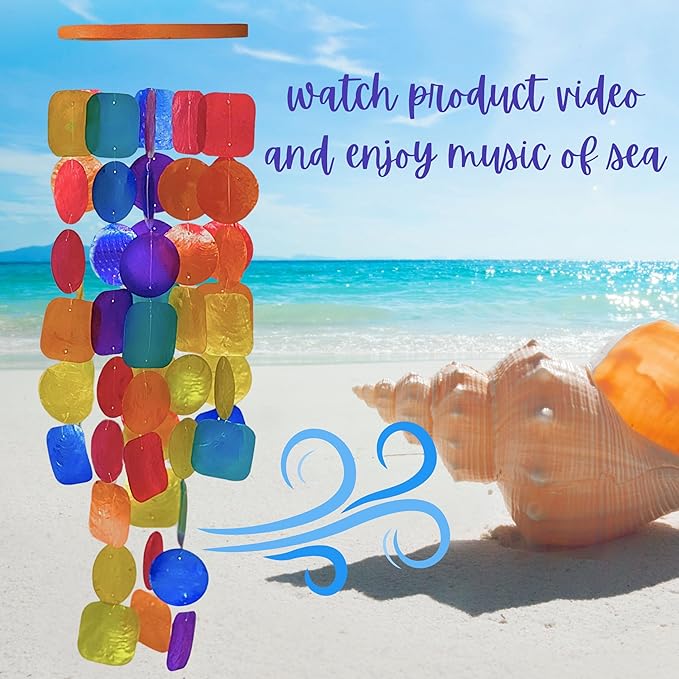 Bellaa Handmade Wind Chimes Outdoor, Musical, Garden Decorations, Outside Windchimes, Beach, Ocean, Breeze, Gifts for Mom, Capiz Sea Glass Shells Wood Rainbow