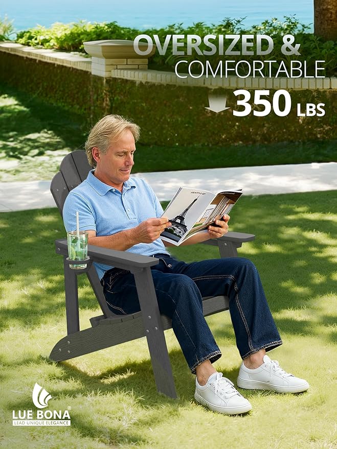 LUE BONA HDPE Adirondack Chair,Plastic Adirondack Chairs with Cup Holder Weather Resistant for Outdoor, Patio, Lawn, Garden, Backyard Deck, Fire Pit, Dark Gray