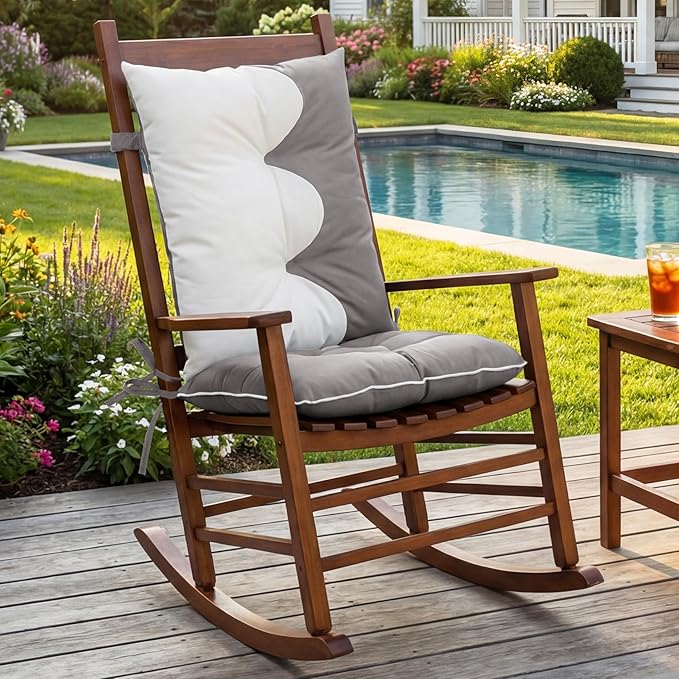 mudilun Outdoor Adirondack Chair Cushion High Weather Resistant Tufted Waterproof Rocking Chair Cushions Anti-Slip Thickened High Back Patio Seat Pads (Outdoor-Gray-White)