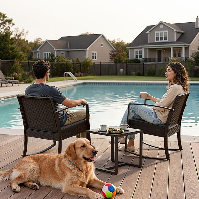Greesum 3 Pieces Outdoor Furniture Set Patio Bistro Rocking Chairs with Glass Coffee Table for Pool Beach Backyard Balcony Porch Deck Garden, Black