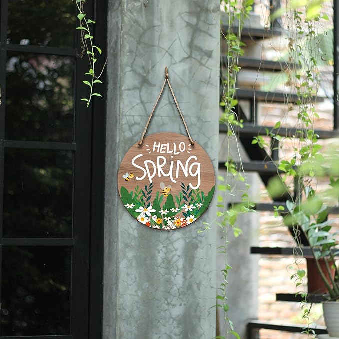 Spring Hanging Decor For Front Door, Daisy Bee Welcome Spring Round Sign Decor For Farmhouse Home Yard Porch, Hello Spring Decorations, Spring Wall Plaque Gifts For Friends Family -05