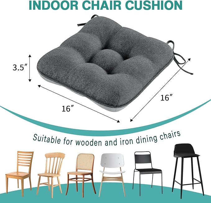 BETU Chair Cushions for Dining Chairs Set of 2,3.5" Thick Kitchen Table Chair Pads with Ties,Non Slip Backing and Covers, Seat Cushion for Dining Room,Bar,Patio Chairs,16"X16"X3.5",Dark Grey