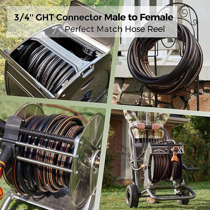 Giraffe Tools Garden Hose 5/8" x 100ft, Custom Length, No Kink, Flexible, Leakproof Water Hose, Male Female Fittings, 600 Burst PSI, 100ft, Black Orange