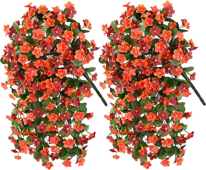 2 Pack Artificial Hanging Flowers, Fake Flowers Hanging Plant Violet Flower, Artificial Faux Silk Spring Flower for Wall Front Door Yard Garden Wedding Outdoor Decoration(Orange Brown)