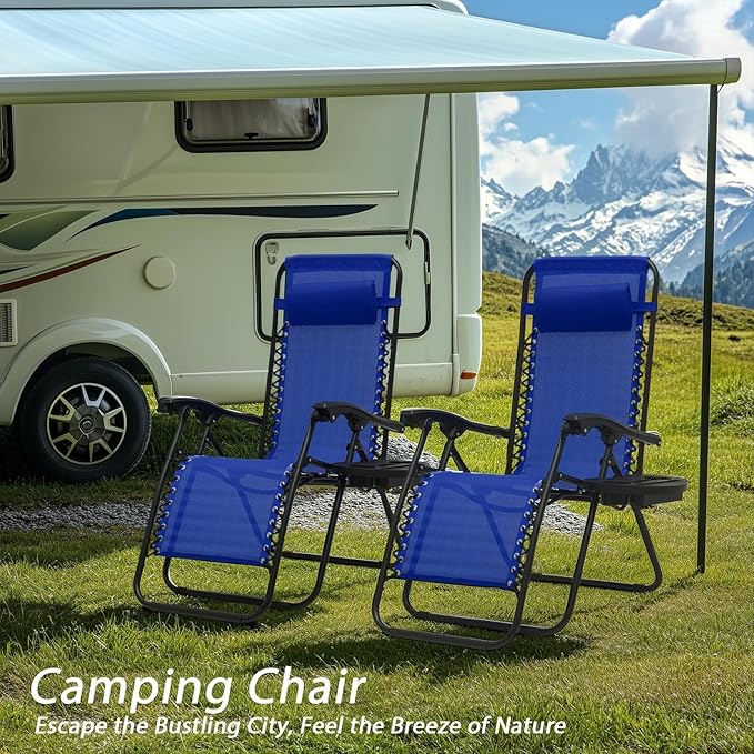 Zero Gravity Chairs, Portable Folding Reclining Lounge Chairs with Adjustable Pillow and Cup Holder Trays for Outdoor, Patio, Beach, Camping, Garden, Poolside, Set of 2 Royal Blue