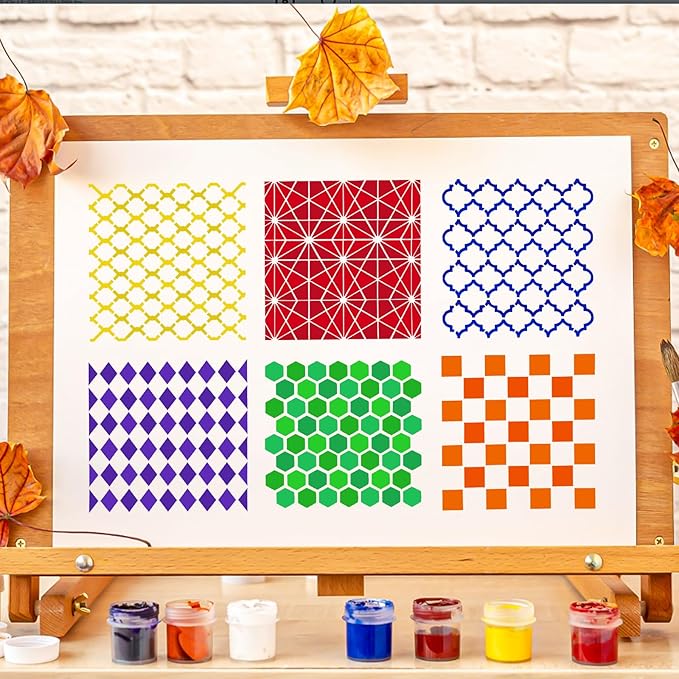 16 PCS 6 Inch Checks Diamond Stencils, Brick Mermaid Scale Reusable Plastic Paint Templates for Painting on Wood, Geometric Star Shape Stencils for Furniture Fabric Wall DIY Crafts Decorations