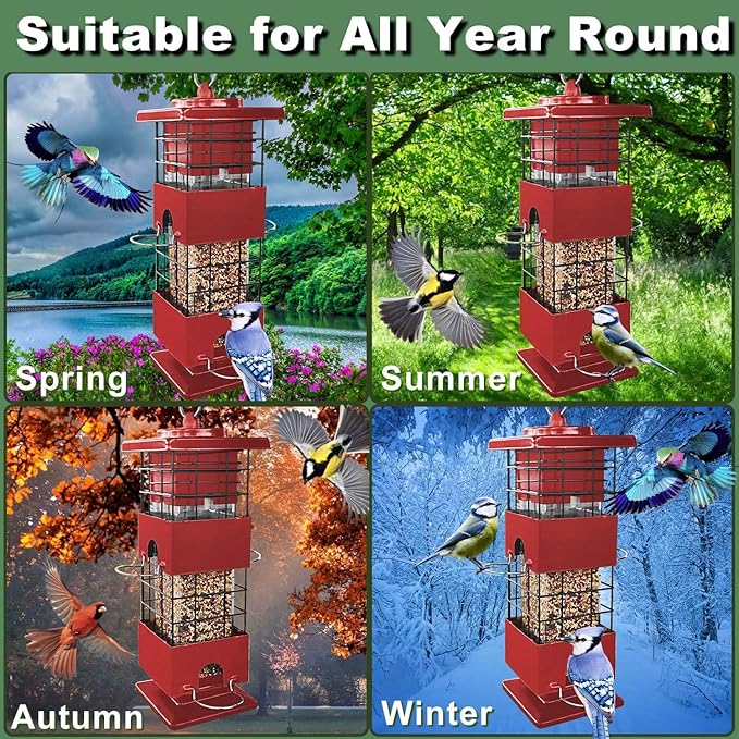 Squirrel Proof Bird Feeder for Outdoors Hanging, 3Lbs Metal Weight-Activated Birdfeeder with 4 Feeding Ports, Wild Birds Seed Feeder for Cardinal, Finch, Sparrow (Red)