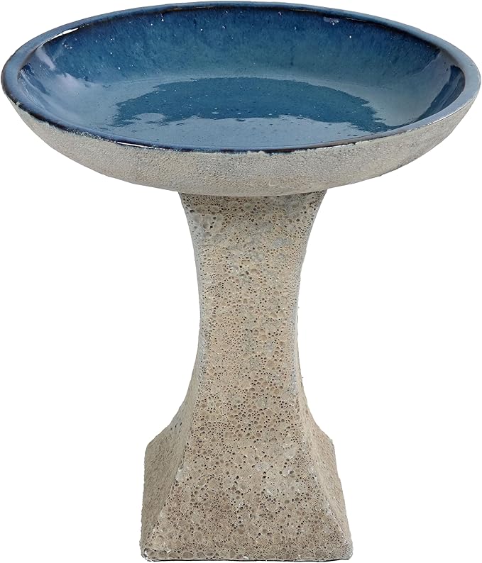 Sunnydaze Ceramic Bird Bath for Outside - 16" H - UV- and Frost-Resistant - Pedestal Bird Bath - Blue Glazed Bowl - White Lava Finish