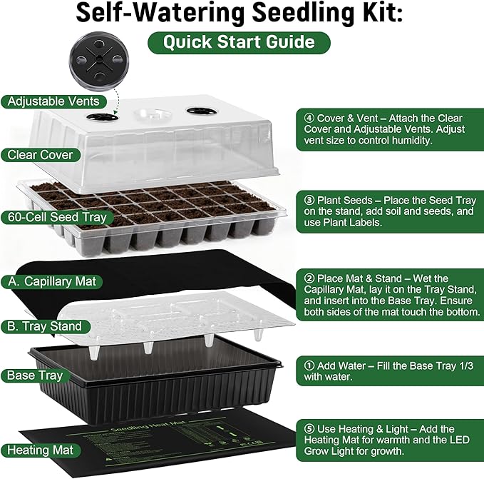60-Cell Self-Watering Seed Starter Kit with Grow Light and Heat Mat, Seedling Tray with Humidity Dome, Indoor Plant Germination Tray for Beginners - Grow Tomatoes, Peppers, Herbs & Flowers