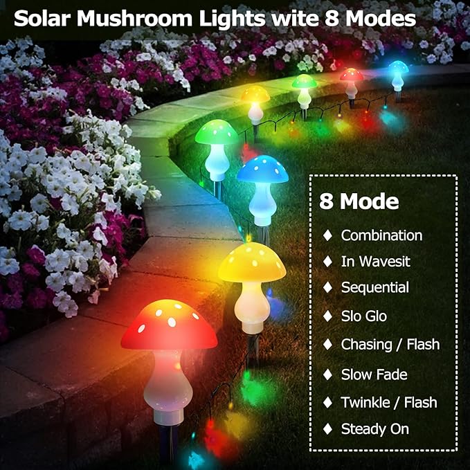 Upgraded Outdoor Solar Garden Lights, 8 Pack 50 LED Mushroom Outdoor 8 Modes 23ft Waterproof Solar Powered Landscape Cute Fairy String Light for Yard Patio Outside Decor(Multicolor)