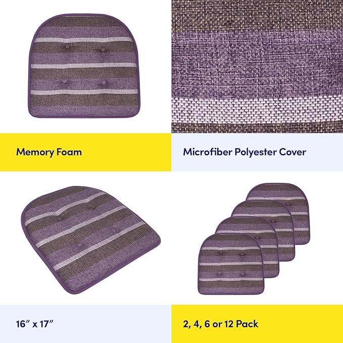 Sweet Home Collection Chair Cushion Memory Foam Pads Tufted Slip Non Skid Rubber Back U-Shaped 17" x 16" Seat Cover, 4 Count (Pack of 1), Bradford Purple