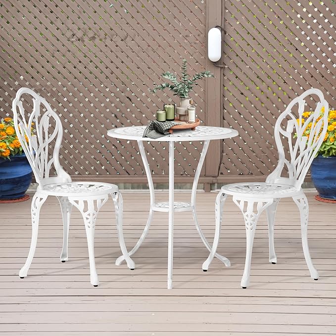 VINGLI 3 PCS Outdoor Bistro Set, Outdoor Patio Set, All-Weather Cast Aluminum Bistro Table Set, Bistro Table and Chairs Set of 2 for Backyard, Garden, Balcony (White, Tulip)