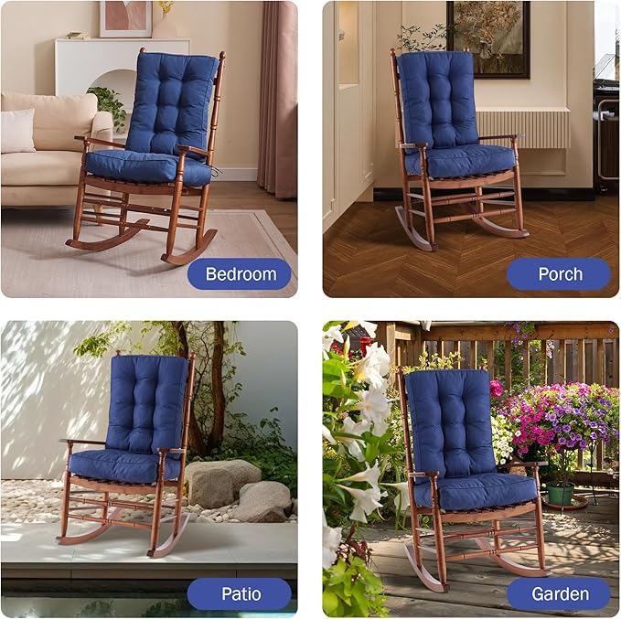 Rocking Chair Cushion, Waterproof and Fade-Resistant Patio Chair Cushions, Tufted Chair Pads for Rocker Furniture, 18x18 Inch, Indoor/Outdoor Seat Cushions with Ties, Navy Blue