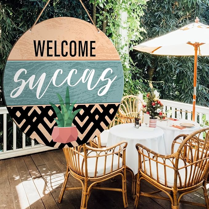Muktoujaumai Welcome Sign Front Door Decor, Welcome Round Hanging Sign Decor Boho Decorations Succulent Wall Wood Sign for Door, Porch, Home, Plant Lover Gift, Welcome Succas