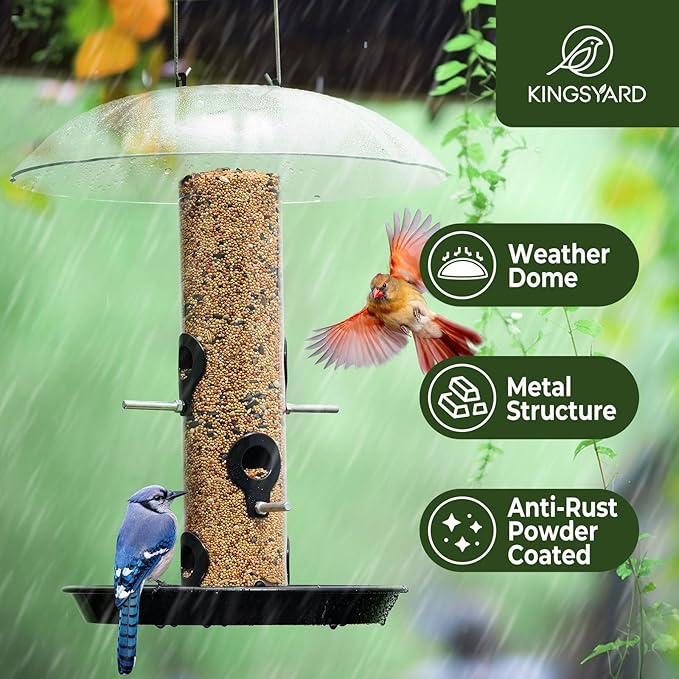 Kingsyard Metal Bird Feeders for Outdoors Hanging, Wild Bird Feeder with Large 11.5" Protective Dome and 8" Removable Tray, 3 lb Seeds Capacity (Black)