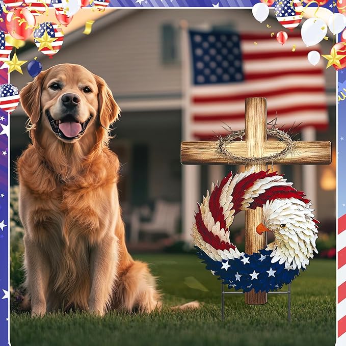 Amyhill 250th Anniversary Decorations, Patriotic Eagle Cross Metal Garden Stakes,4th of July Red White Blue Welcome Yard Signs, Flat Patriotic Outdoor Decor for Independence Day Patio Lawn Walkway