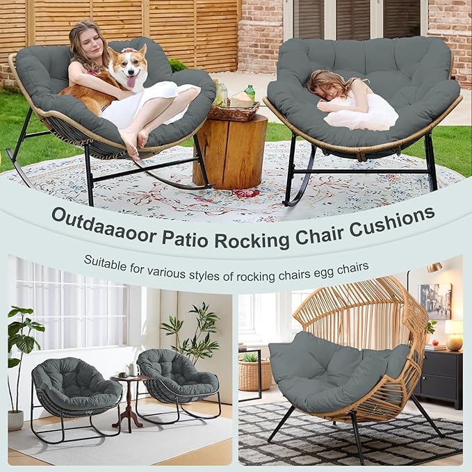 Outdoor Rocking Chair Cushion – Waterproof Wicker Egg Chair Replacement Pad, Thick Papasan Seat Cushion with Ties for Indoor & Outdoor Patio, Porch, Balcony, or Garden (Dark Gray)