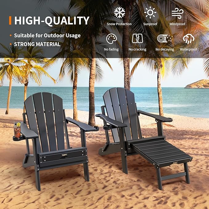 VINGLI Back-Adjustable Plastic Folding Adirondack Chairs with Retractable Footrest & 2-in-1 Cup Holders, Waterproof HDPE Outdoor Fire Pit Chairs for Patio, Pool, Capacity 400 LBS, Black