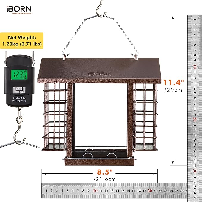 iBorn Bird Feeders for Outdoors,Bird Feeder with Double Suet Holders,Suet Feeder for Outside,Weatherproof Metal Roof,Easy to Refill&Clean,3.2 LBs Seed Capacity+2X Cake,1 Pack,Coffee Roof & Coffee Grid