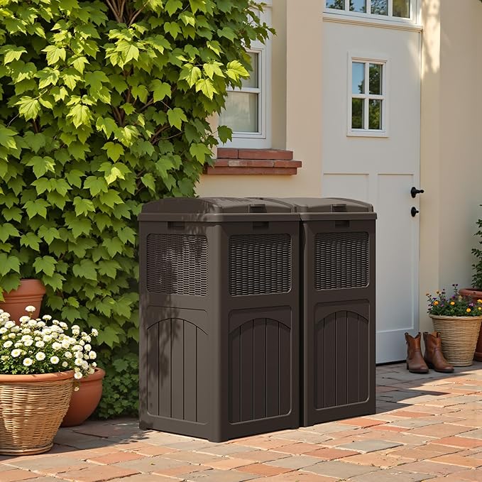 Greesum 33 Gallon Outdoor Trash Can with Lid, Waterproof Resin Garbage Bin for Hideaway, Deck, Patio, 2 Pack, Dark Brown