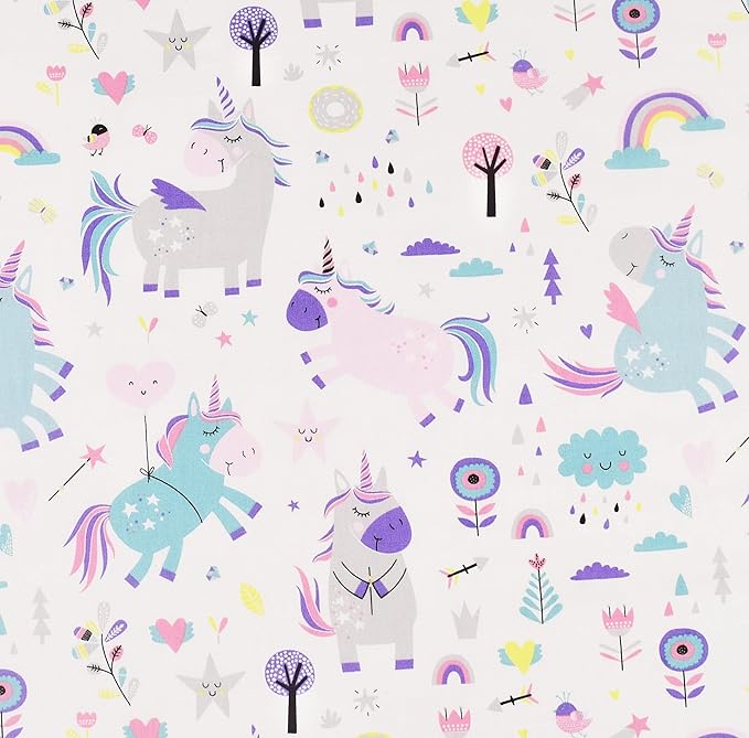 Scientific Sleep Cute Unicorn Flower Rainbow 100% Cotton Cozy Twin Bed Sheet Set, Flat Sheet & Fitted Sheet & Pillowcase Natural Bedding Set (Unicorn, Twin)