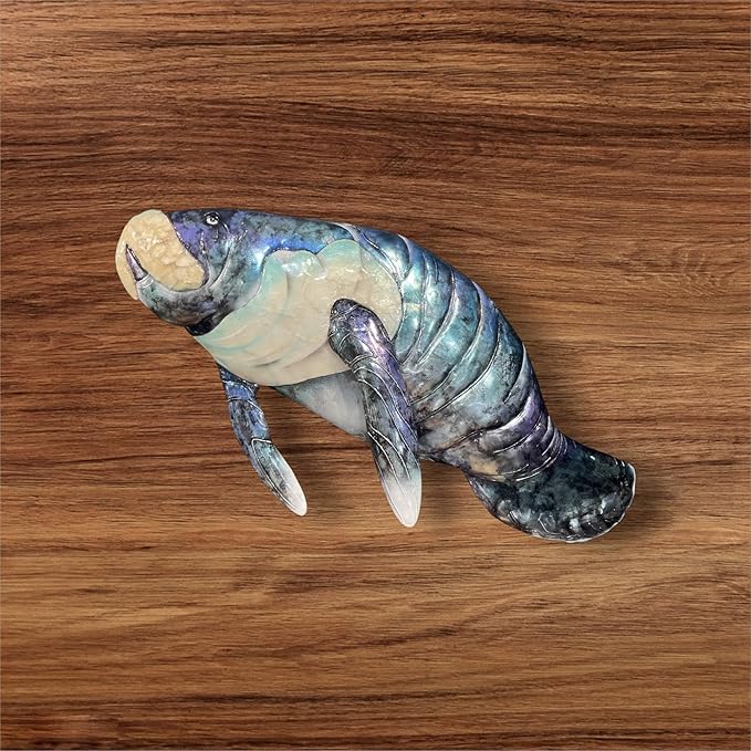 Manatee Metal Wall Art Fish Décor Sign, Handmade and Acrylic Handpainted Blue with White Pearl Capiz Shell, Coastal Beach House Style for Bathroom, Garden, Fence, Hallway, Deck, Outdoor (20x11x3in)