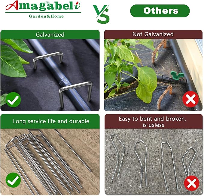 AMAGABELI GARDEN & HOME 4 Inch 50 Pack Galvanized Landscape Staples Garden Staples 12 Gauge Garden Stakes Plant Cover Stakes U-Shaped Landscape Stakes Landscape Pins for Weed Barrier Fabric