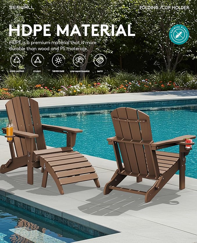 SERWALL Folding Adirondack Chair, Dual Cup Holders & All-Weather HDPE, Wood-Like Patio Chair for Backyard, Camping,Pool & Fire Pit- Brown
