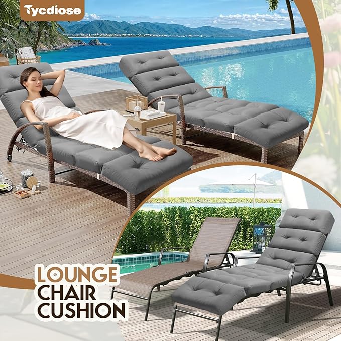 All Weather Chaise Lounge Cushions Outdoor Lounge Chair Cushion, Waterproof Chaise Lounger Chair Cushion Replacement for Outdoor Patio Furniture with Non-Slip Back and Ties, Grey