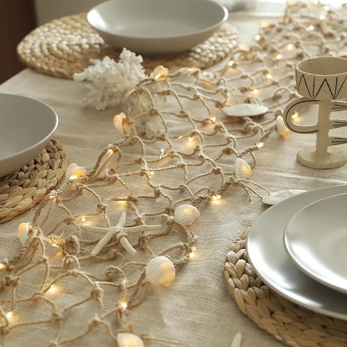 Seashell Garland 6.0FT (Length) × 0.5FT (Height) Rectangular Net Lights Beach Decor USB Battery Operated Ocean Light with Real Starfish Sand Dollars - Magic Conch Shell Beach Decorations for Home